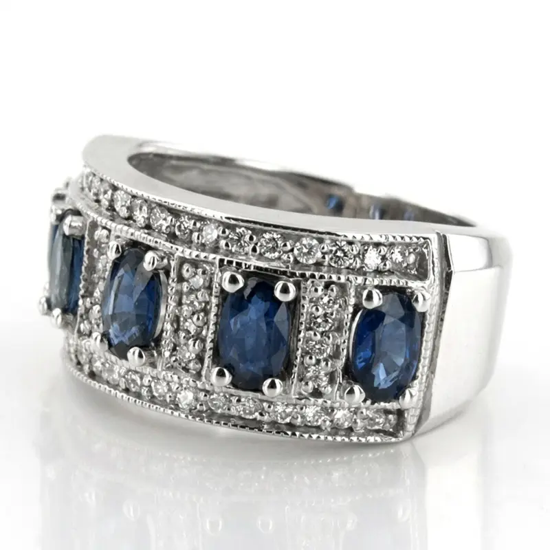 14K white gold Oval Sapphire and Diamond Women Ring (3/8 ct. tw.) - alternate view 3