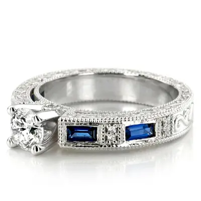14K white gold Nostalgic Blue Sapphire And Diamond Engraving Engagement Ring - alternate view 5 thumbnail