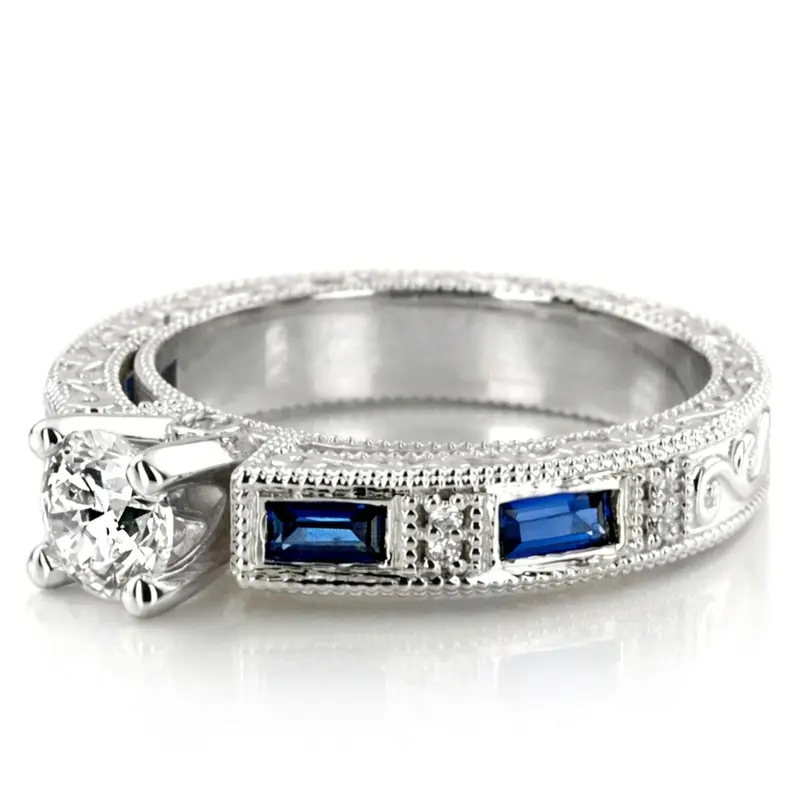 14K white gold Nostalgic Blue Sapphire And Diamond Engraving Engagement Ring - alternate view 5