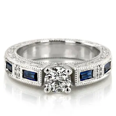 Nostalgic Blue Sapphire And Diamond Engraving Engagement Ring - view 1 of 6