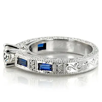 14K white gold Nostalgic Blue Sapphire And Diamond Engraving Engagement Ring - alternate view 4 thumbnail