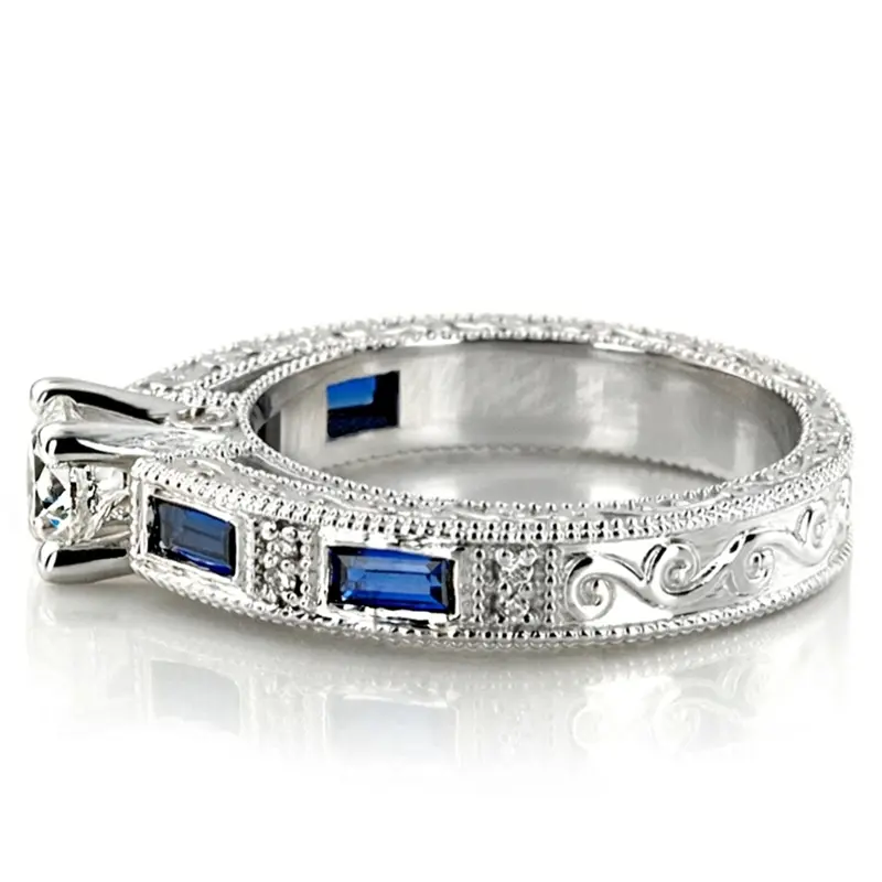 14K white gold Nostalgic Blue Sapphire And Diamond Engraving Engagement Ring - alternate view 4