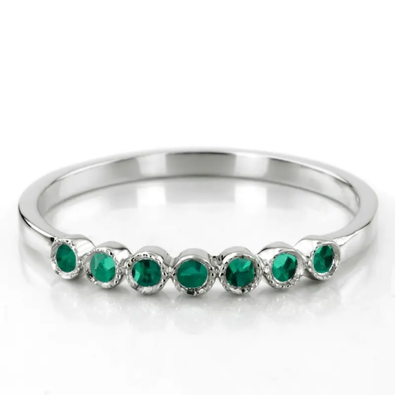 14K white gold Petite Milgrain Bezel Set Emerald 7 Stone Band - main view