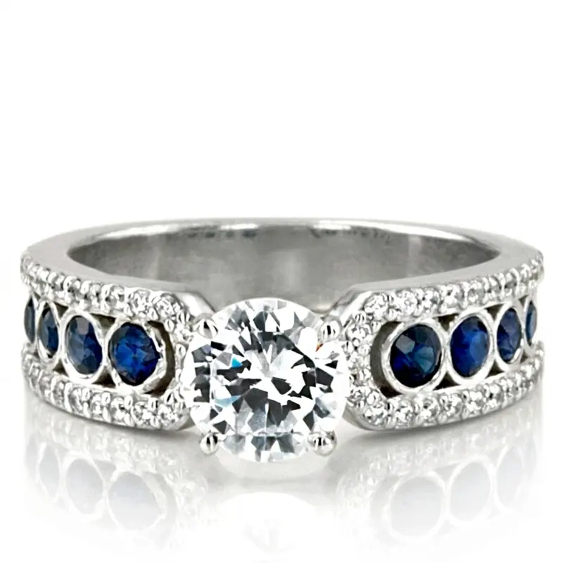 14K white gold Pave Set Diamond Engagement Ring With Blue Sapphire Accent - main view