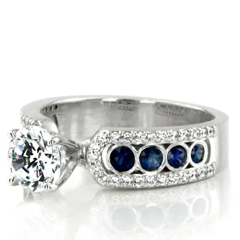 14K white gold Pave Set Diamond Engagement Ring With Blue Sapphire Accent - alternate view 4