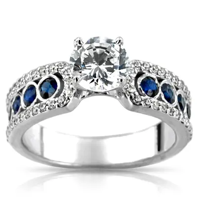 14K white gold Pave Set Diamond Engagement Ring With Blue Sapphire Accent - alternate view 6 thumbnail