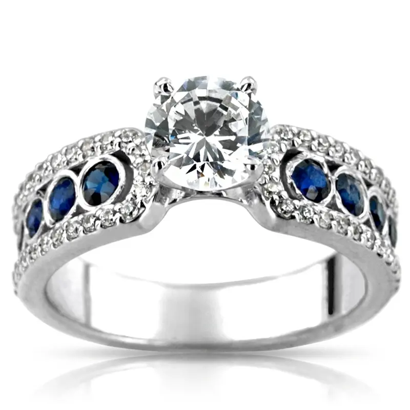 14K white gold Pave Set Diamond Engagement Ring With Blue Sapphire Accent - alternate view 6