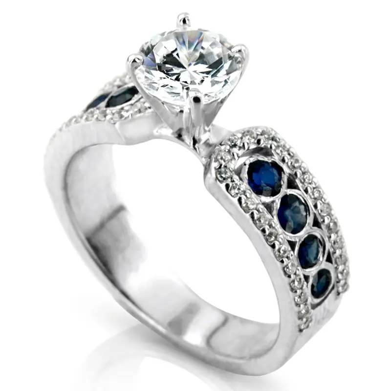 14K white gold Pave Set Diamond Engagement Ring With Blue Sapphire Accent - alternate view 3