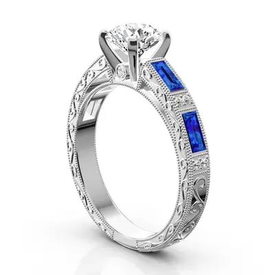 14K white gold Nostalgic Blue Sapphire And Diamond Engraving Engagement Ring - alternate view 3 thumbnail