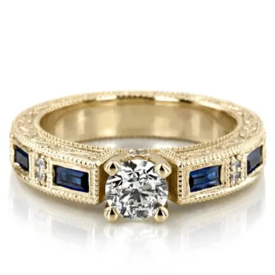 Nostalgic Blue Sapphire And Diamond Engraving Engagement Ring - view 2 of 6