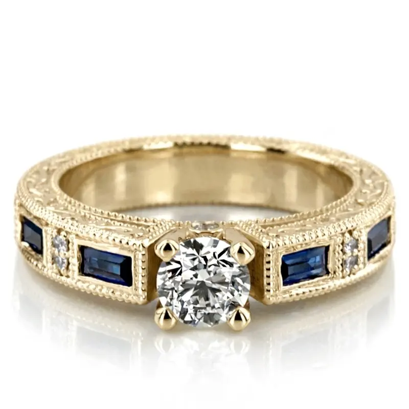 14K white gold Nostalgic Blue Sapphire And Diamond Engraving Engagement Ring - alternate view 2