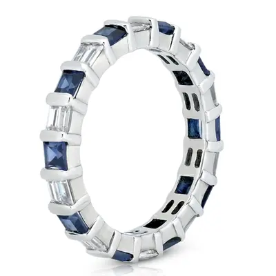 14K white gold Blue Sapphire & 0.72 ct. tw. Baguette Diamond Alternating Eternity Band - alternate view 3 thumbnail
