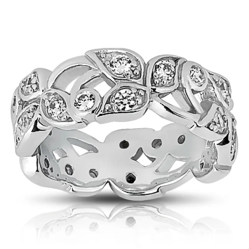 14K white gold Floral Design 0.72 CT Diamond Eternity Wedding Band - main view