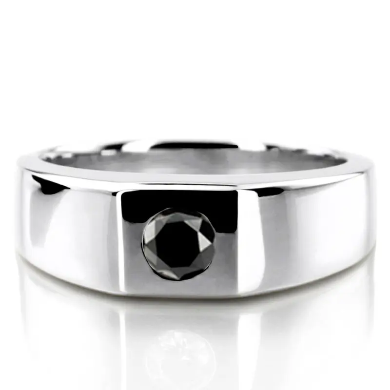 14K white gold Round Cut Bezel Set Solitaire Black Diamond Men's Ring - alternate view 2