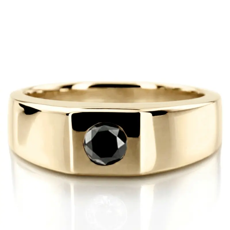 14K white gold Round Cut Bezel Set Solitaire Black Diamond Men's Ring - main view
