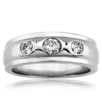 14K white gold 0.60 ct. Bezel Set Three Stone Diamond Men's Ring - alternate view 2 thumbnail