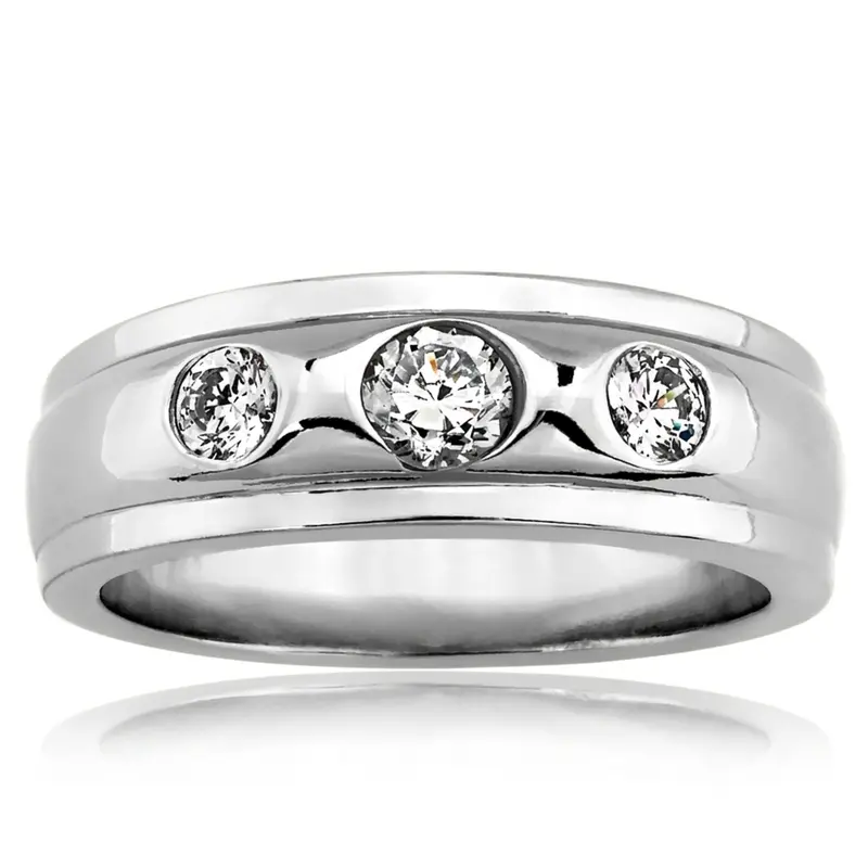 14K white gold 0.60 ct. Bezel Set Three Stone Diamond Men's Ring - alternate view 2