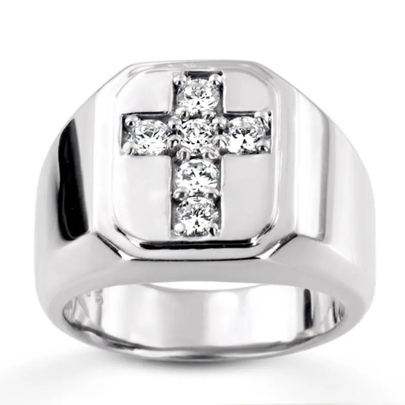 14K white gold 0.60 ct. Round Cut Cross Diamond Men's Ring - main view