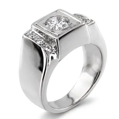 14K white gold 0.12 ct. Round Cut Prong Set Diamond (0.75 ct. Center) Men's Ring - alternate view 4 thumbnail