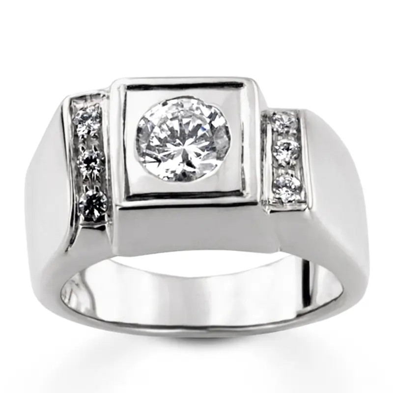 14K white gold 0.12 ct. Round Cut Prong Set Diamond (0.75 ct. Center) Men's Ring - main view