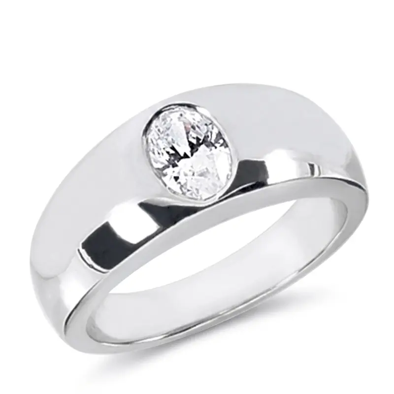14K white gold Oval Solitaire Diamond Men's Ring - main view