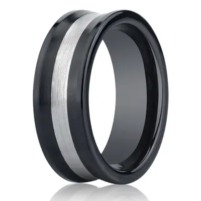 Ceramic 8mm Comfort-Fit Satin-Finished Concave Silver Inlay Design Ring
