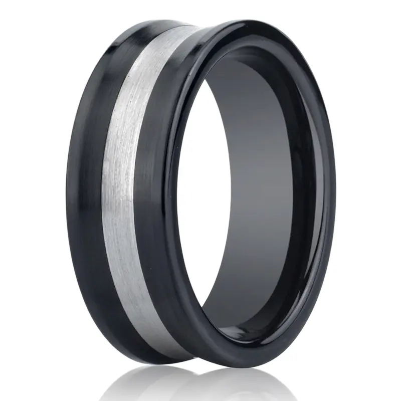 ceramic Ceramic 8mm Comfort-Fit Satin-Finished Concave Silver Inlay Design Ring - main view