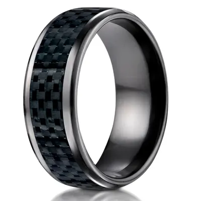 Black Titanium 8mm Comfort-Fit Carbon Fiber Inlay Design Ring