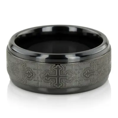 Black Titanium 9mm Comfort-Fit Cathedral Cross Design Ring