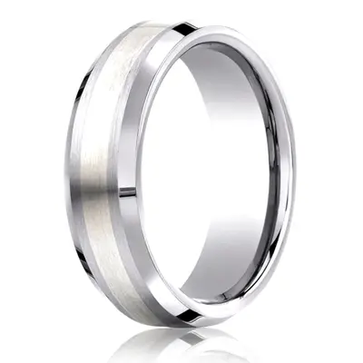 Cobaltchrome™- Silver 7mm Comfort-Fit Satin-Finished Silver Inlay Design Ring - view 1 of 2