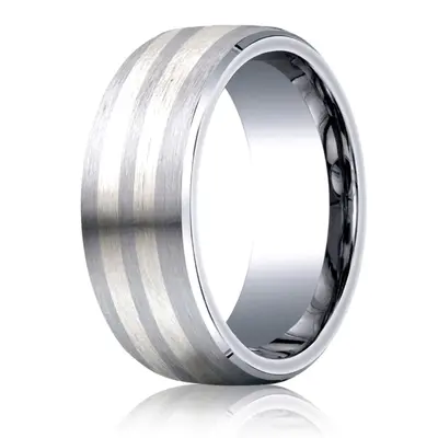 Cobaltchrome™- Silver 8mm Comfort-Fit Satin-Finished Parallel Silver Inlay Design Ring - view 1 of 2