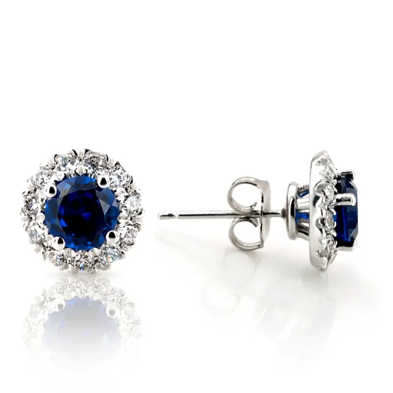 14K gold Dazzling Blue Sapphire And Diamond Halo Earrings(0.60 ct. tw.) - main view