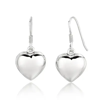 Puffed Heart Design Sterling Silver Dangle Earrings