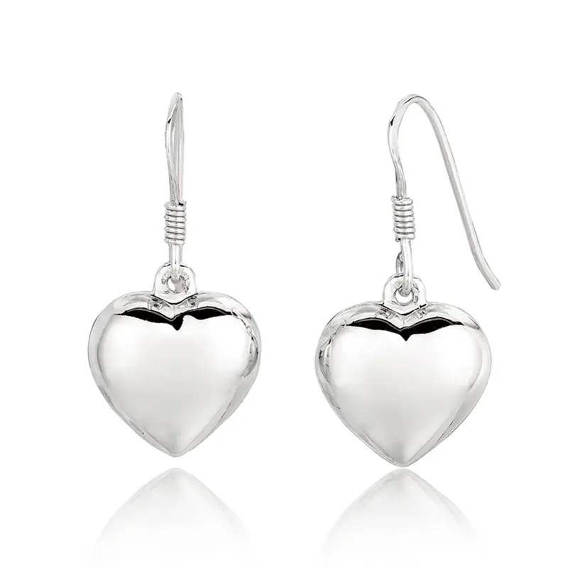 silver Puffed Heart Design Sterling Silver Dangle Earrings - main view