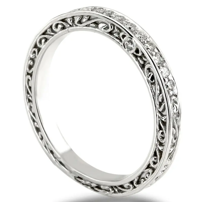 14K white gold 2.5mm Scroll Engraved Triple-Sided Diamond Band (1/8 ct. tw.) - alternate view 6