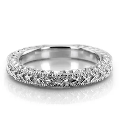 18K white gold Hand Engraved Vintage Wedding Ring with Filigree and Milgrain - alternate view 5 thumbnail