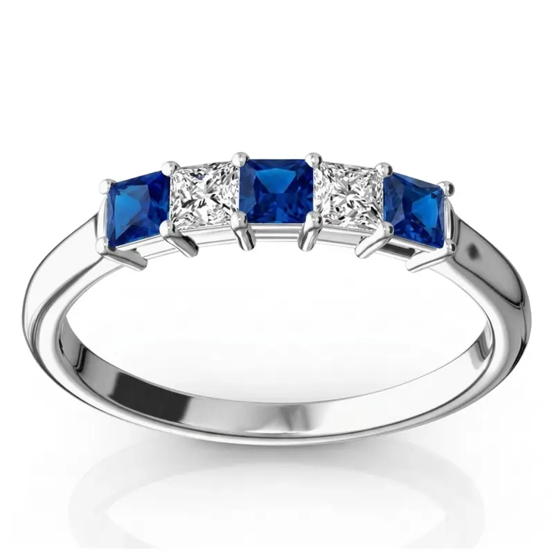14K white gold Princess Cut Blue Sapphire & Diamond Anniversary Band - main view