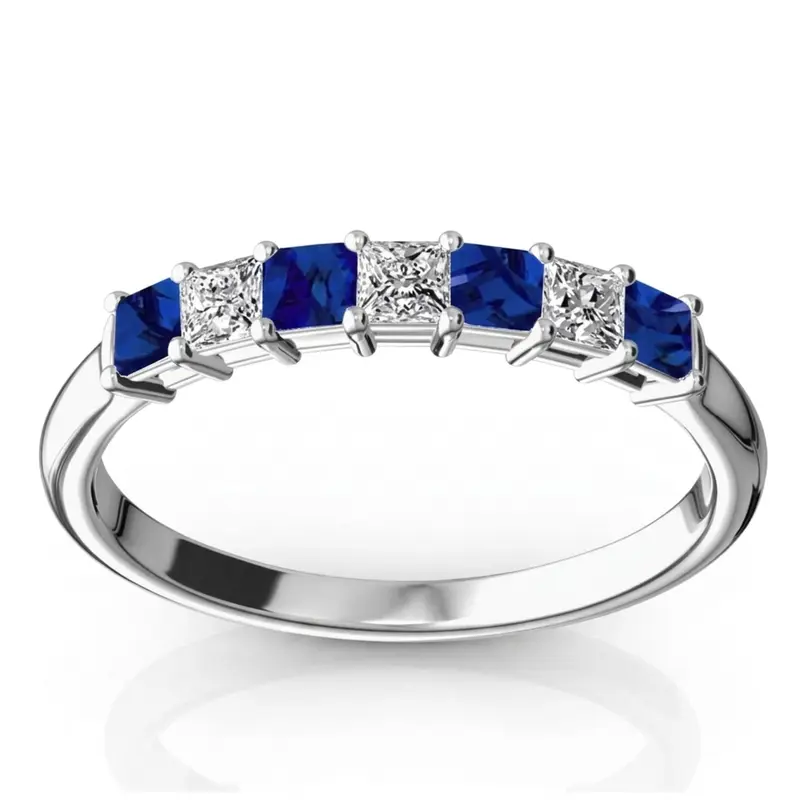 14K white gold Blue Sapphire & Diamond Alternating Shared Prong Anniversary Band - main view