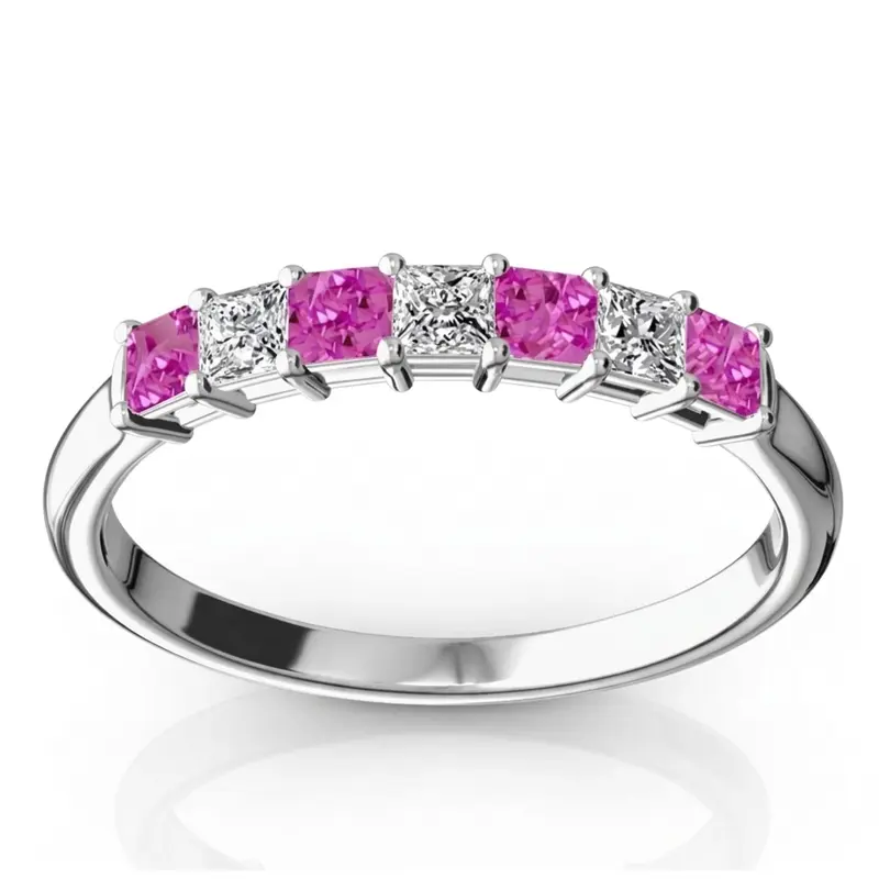 14K white gold Pink Sapphire & Diamond Alternating Shared Prong Anniversary Band - main view