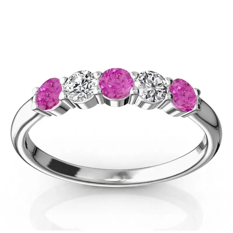 14K white gold Shared Prong Basket Setting Pink Sapphire & Diamond Anniversary Band - main view