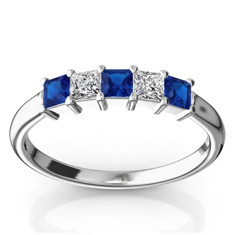14K white gold Shared Prong Princess Cut Blue Sapphire & Diamond Anniversary Band - main view