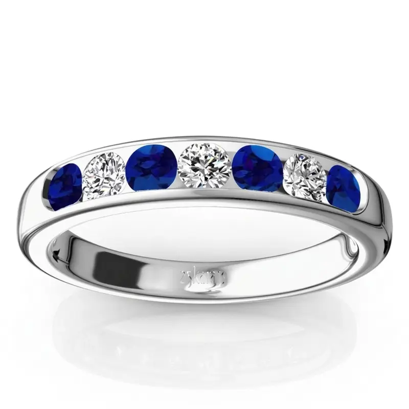 14K white gold Channel Set Round Blue Sapphire & Diamond Anniversary Band - main view