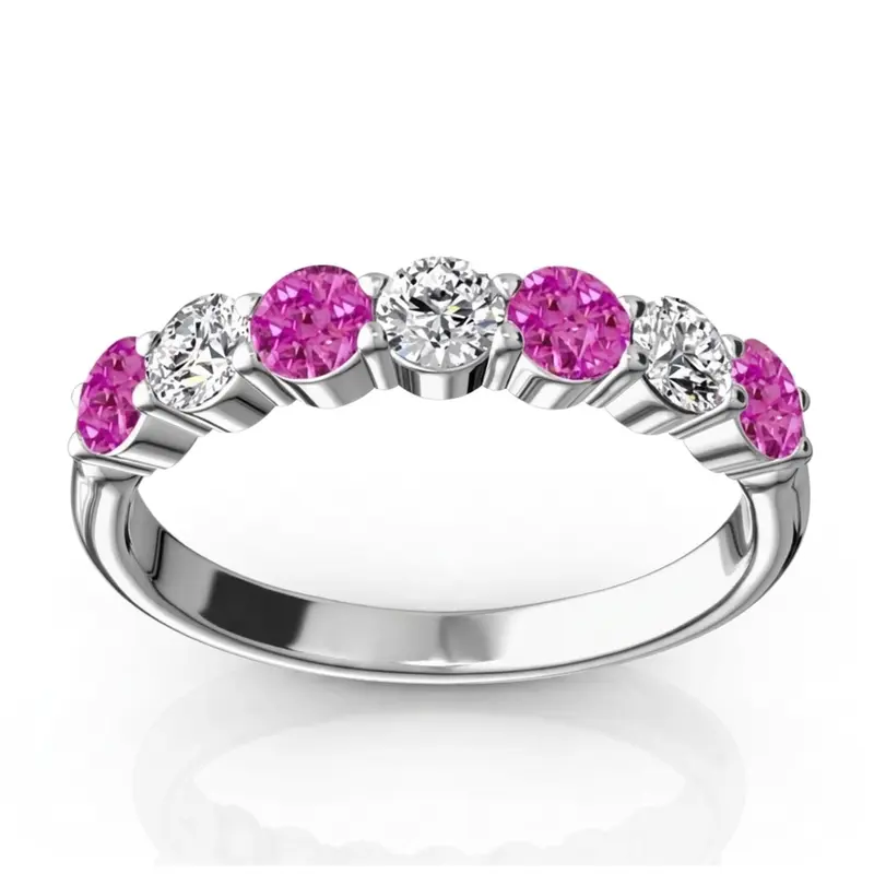 14K white gold 7-Stone Basket Setting Pink Sapphire & Diamond Anniversary Band - main view
