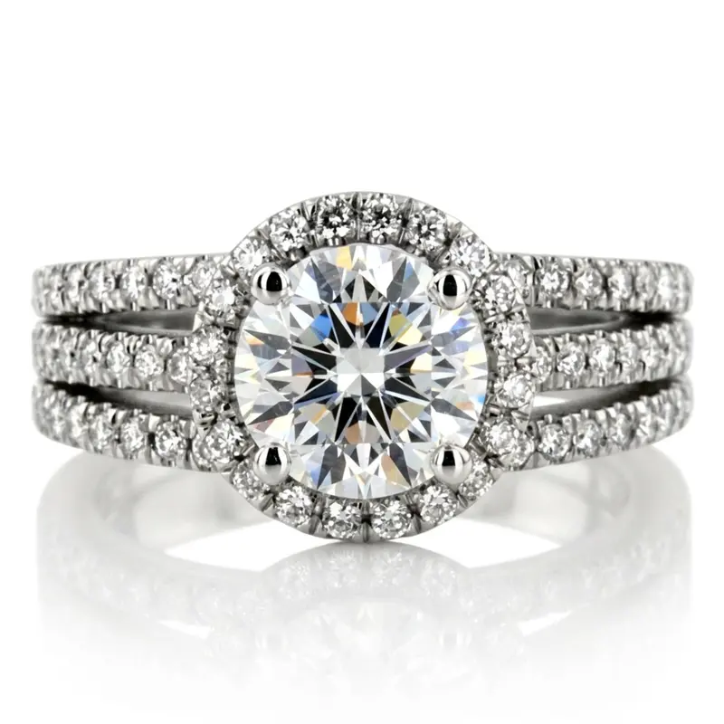 14K white gold Split Trio Shank Pave Set Halo Engagement Ring (3/4 ct. tw.) - main view