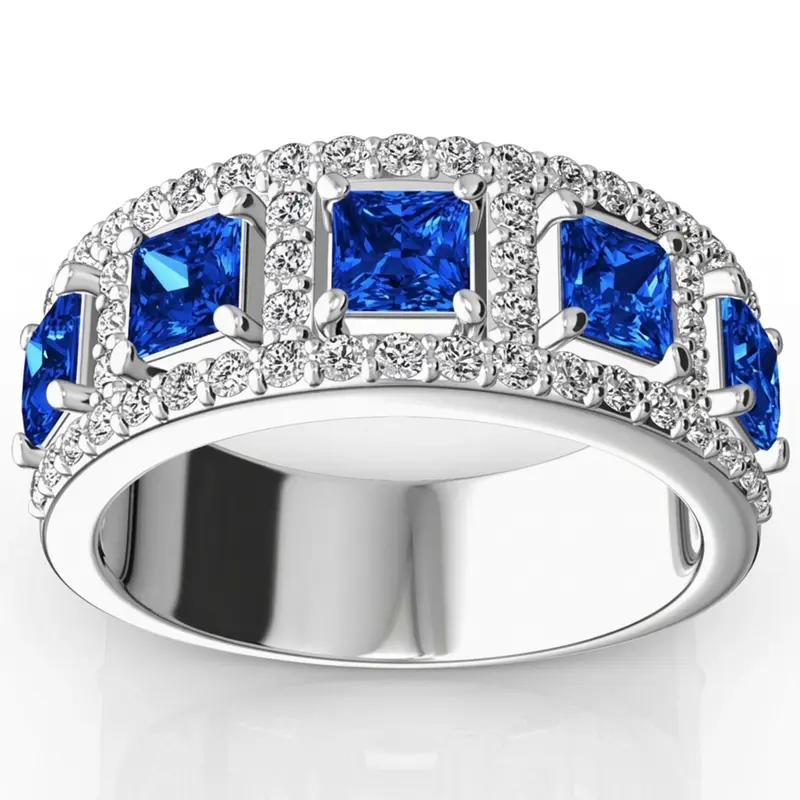 14K white gold Princess Cut Sapphire and Diamond Anniversary Band - main view