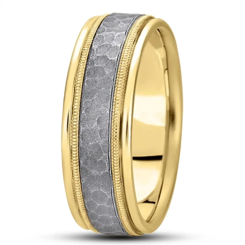 10K yellow-white-yellow gold 8mm. hammer basic-diamond-carved-wedding-ring - alternate view 5