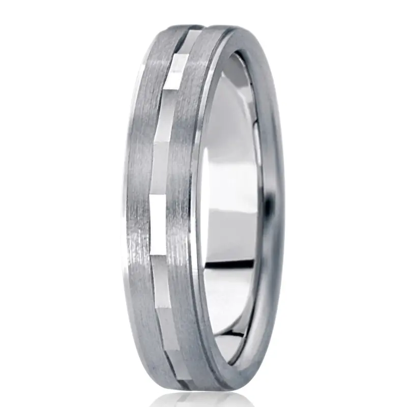 10K white gold 5mm. satin basic-diamond-carved-wedding-ring - main view