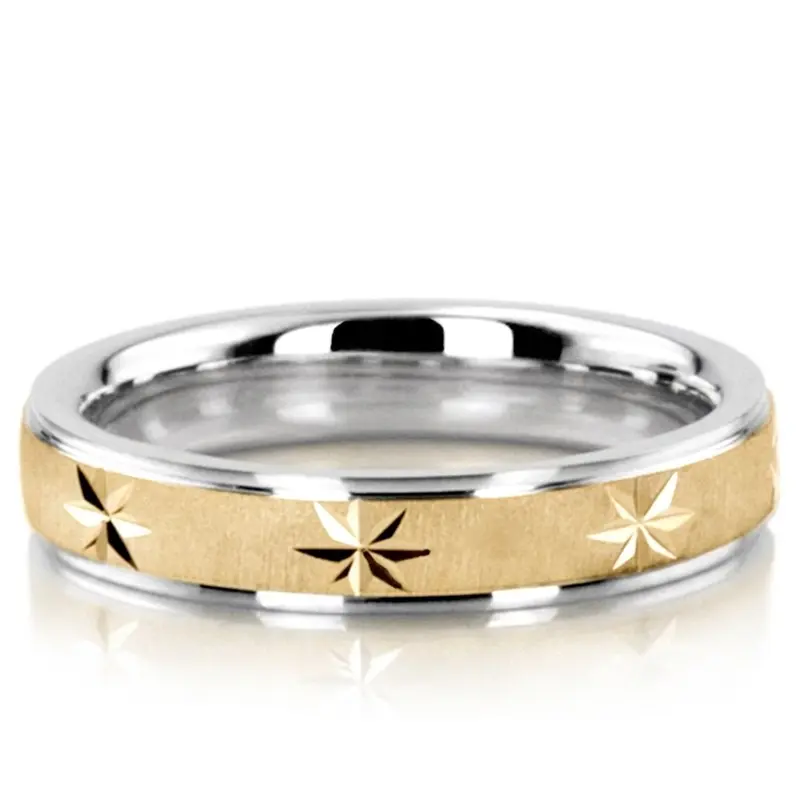 10K white-yellow-white gold 4mm. cross satin diamond-carved-wedding-ring - alternate view 2