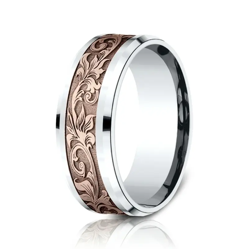 14K white gold 8mm. same as picture Benchmark-8mm-Comfort-Fit-Victorian-Flora-Design-B - main view