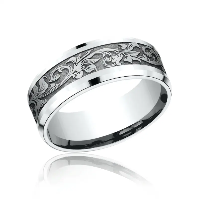 14K white gold 8mm. same as picture Benchmark-8mm-Comfort-Fit-Victorian-Flora-Design-B - alternate view 2